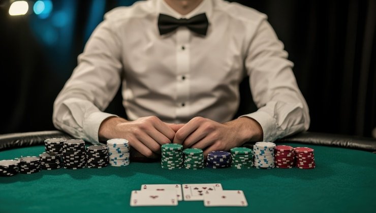 Antarmuka permainan live casino dengan dealer, kartu, dan kontrol taruhan pemain